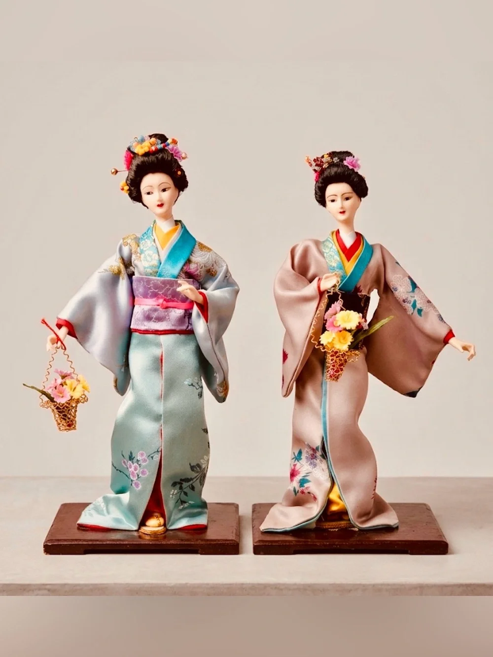 Vintage Japanese Geisha Kimono Dolls Lot of 2 Wooden Base 10